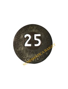 SINDICATO AGRICOLA - ARGENTONA (Barcelona). 15 Pesetas, con 1 taladro (25)