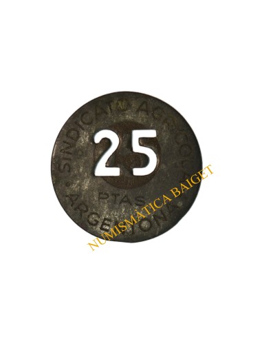 SINDICATO AGRICOLA - ARGENTONA (Barcelona). 15 Pesetas, con 1 taladro (25)