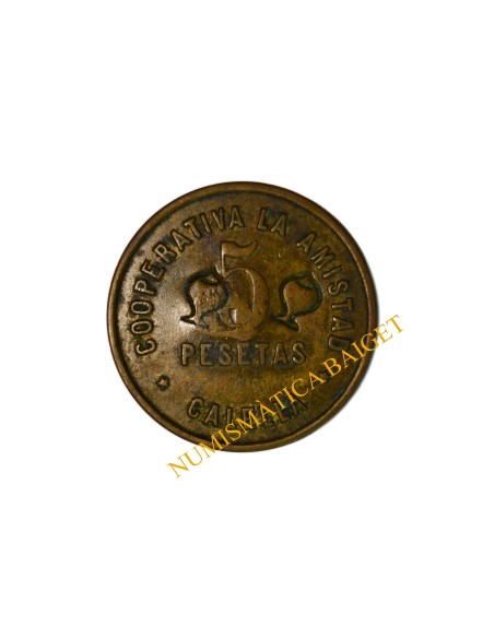 COOPERATIVA LA AMISTAD, CALELLA  (Barcelona). 5 Pesetas, huchas contramarcadas