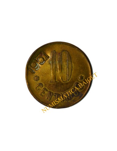 SOCIEDAD COOPERATIVA DE CONSUMO LA CANETENSE, Canet de Mar  (Barcelona). 10 Céntimos. Contramarca 1951