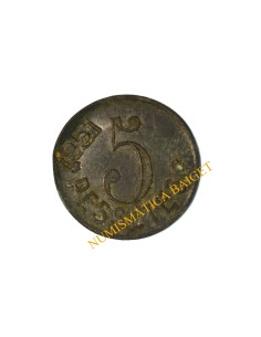 COOPERATIVA LA UNIO, Canet de Mar  (Barcelona). 5 Pessetes (contramarca 1951) 2
