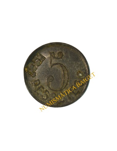 COOPERATIVA LA UNIO, Canet de Mar  (Barcelona). 5 Pessetes (contramarca 1951)