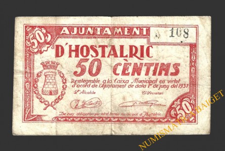 HOSTALRIC (Girona), 50 centims, 1 de juny del 1937  