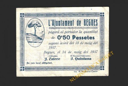 BEGUES (Barcelona), 0,50 pessetes  1937. 1ª emisión
