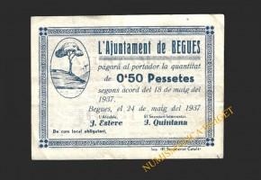 BEGUES (Barcelona), 0,50 pessetes  1937. 1ª emisión