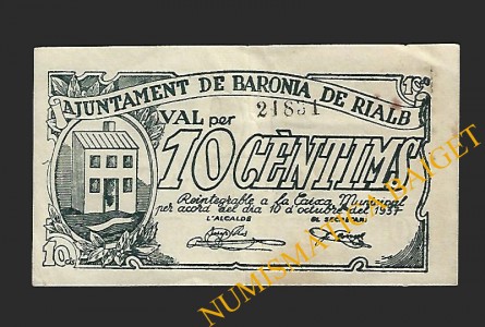 BARONIA DE RIALB (Lleida), 10 cèntims 10 d'octubre 1937