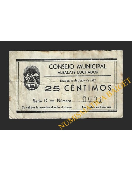 ALBALATE LUCHADOR (Teruel) 25 céntimos 15 de junio de 1937