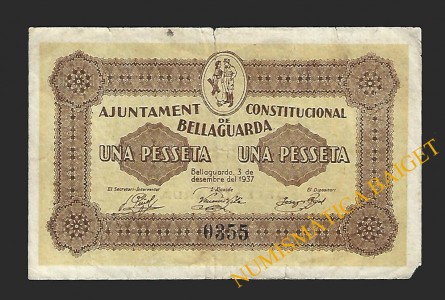 BELLAGUARDA (Lleida), 1 pesseta  3 de desembre de 1937.