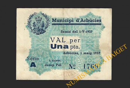 ARBUCIES (Girona), 1 Pesseta 01-05-1937