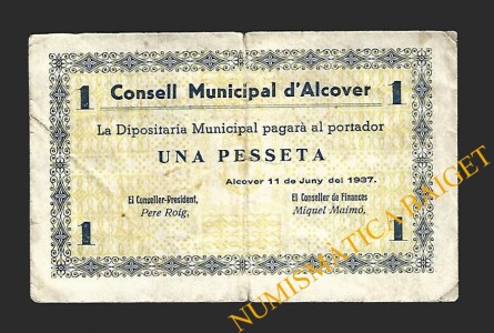 ALCOVER (Tarragona), 1 Pesseta 11-06-1937
