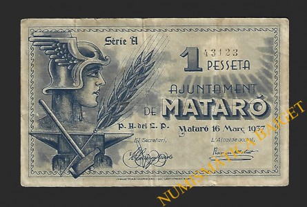 MATARO (Barcelona), 1 pesseta, 16 de març del 1937 (2ª emissió)