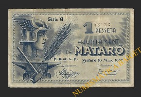 MATARO (Barcelona), 1 pesseta, 16 de març del 1937 (2ª emissió)