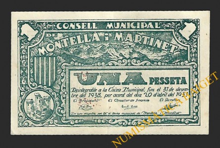 MONTELLA I MARTINET(Barcelona), 1 pesseta, 20 d'abril del 1937 