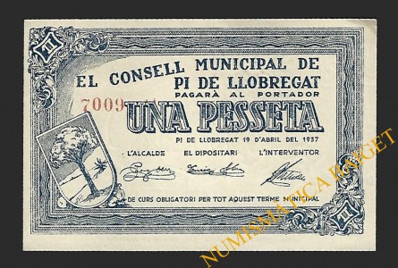 PI DE LLOBREGAT (Barcelona), 1 pesseta  19 d'abril del 1937
