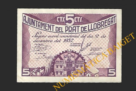 PRAT DE LLOBREGAT, EL (Barcelona). 5 centims 2 de desembre del 1937 