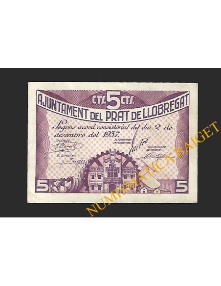 PRAT DE LLOBREGAT, EL (Barcelona). 5 centims 2 de desembre del 1937 