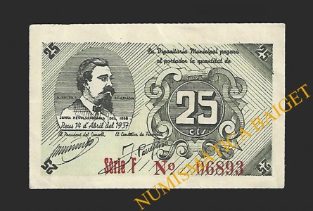 REUS (Tarragona) 25 centims 14 d'abril del 1937 A. Soler