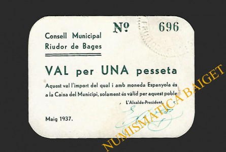 RIUDOR DE BAGES (Barcelona) 1 pesseta maig del 1937 