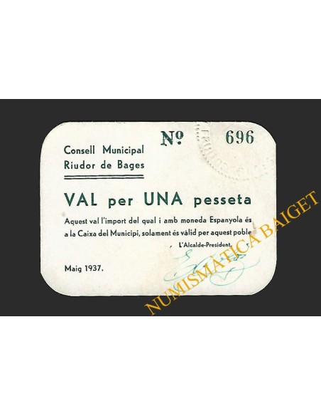 RIUDOR DE BAGES (Barcelona) 1 pesseta maig del 1937 