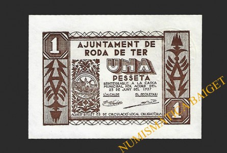 RODA DE TER (Barcelona) 1 pesseta, 25 de juny del  1937 