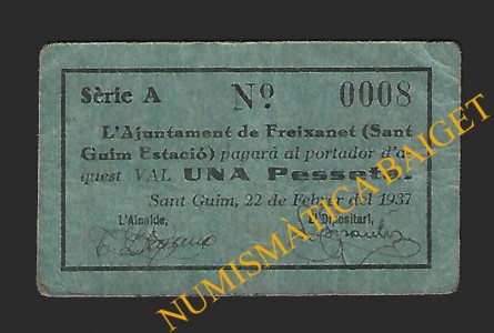  SANT GUIM DE FREIXANET (Lleida) 1 pesseta  22 de febrer del 1937