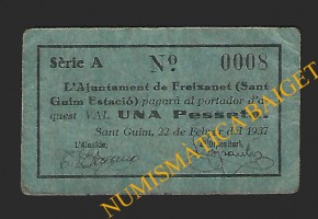  SANT GUIM DE FREIXANET (Lleida) 1 pesseta  22 de febrer del 1937