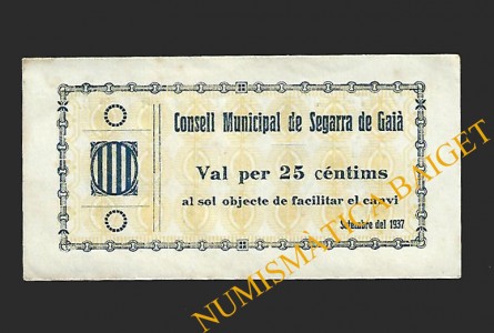 SEGARRA DE GAIÀ (Tarragona) 25 cèntims setembre del 1937