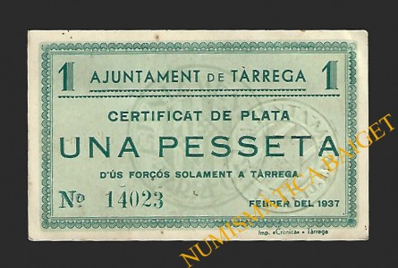 TÀRREGA (Lleida) 1 pesseta febrer del 1937 