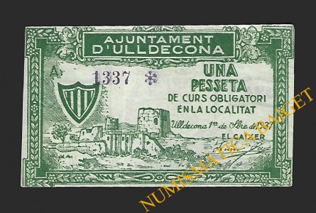 ULLDECONA (Tarragona) 1 pesseta 1 de setembre del 1937 