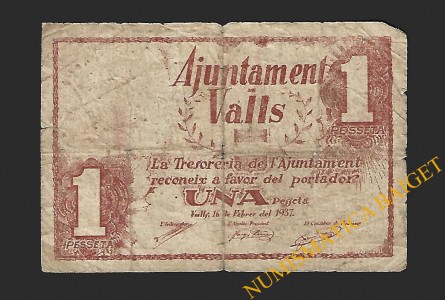 VALLS (Tarragona)  1 pesseta, 16 de febrer del 1937 