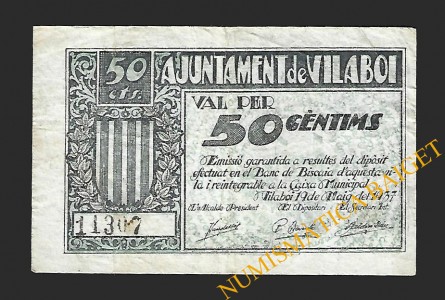 VILABOI (Barcelona) 50 cèntims, 19 de maig del 1937
