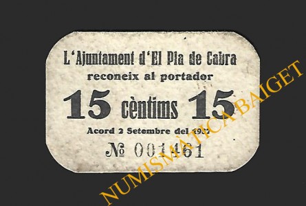 PLA DE CABRA (Tarragona), 15 cèntims 2 de setembre del 1937