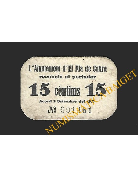 PLA DE CABRA (Tarragona), 15 cèntims 2 de setembre del 1937