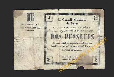 BATEA (Tarragona),  2 pessetes  (1ª emisión)