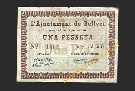 BELLVEI DEL PENEDÉS (Tarragona), 1 pesseta, juny 1937