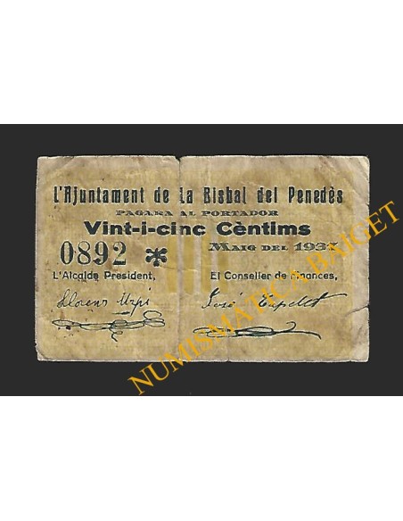 BISBAL DEL PENEDES, LA (Tarragona), 25 cèntims , Maig del 1937