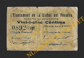 BISBAL DEL PENEDES, LA (Tarragona), 25 cèntims , Maig del 1937