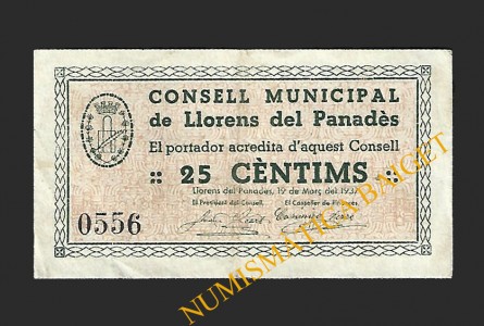 LLORENS DEL PANADES (Tarragona), 25 cèntims, 19 de març del 1937