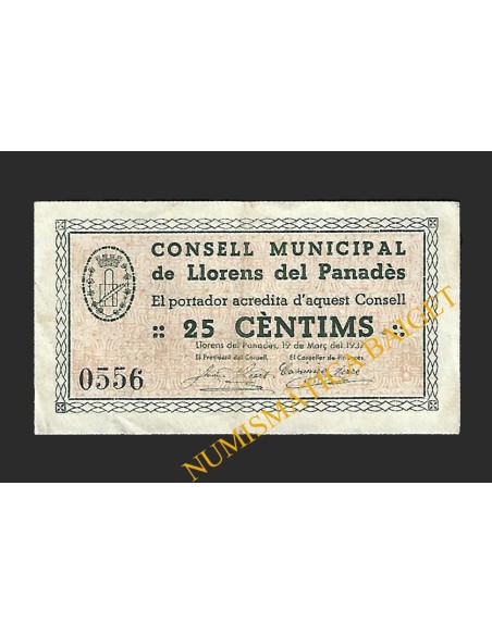 LLORENS DEL PANADES (Tarragona), 25 cèntims, 19 de març del 1937
