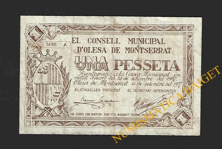 OLESA DE MONTSERRAT (Barcelona), 1 pesseta, 14 de setembre del 1937