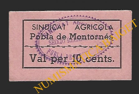 POBLA DE MONTORNES, LA (Tarragona), 10 cèntims Sindicat Agricola