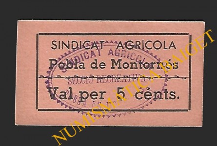 POBLA DE MONTORNES, LA (Tarragona), 5 cèntims Sindicat Agricola