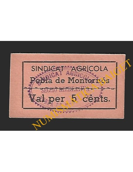 POBLA DE MONTORNES, LA (Tarragona), 5 cèntims Sindicat Agricola
