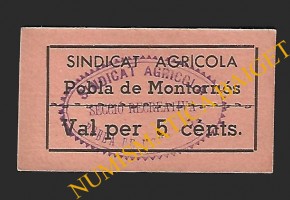 POBLA DE MONTORNES, LA (Tarragona), 5 cèntims Sindicat Agricola