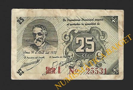 REUS (Tarragona) 25 centims 14 d'abril del 1937 J. Güell
