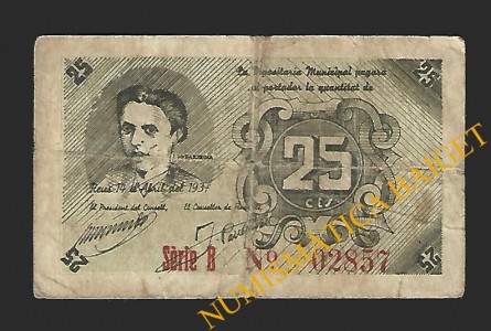 REUS (Tarragona) 25 centims 14 d'abril del 1937 J. Bartrina