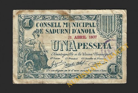 SADURNI D'ANOIA (Barcelona) 1 pesseta 21 d'abril del 1937