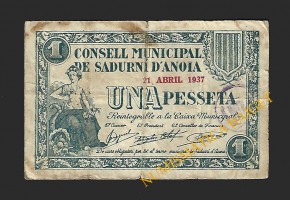 SADURNI D'ANOIA (Barcelona) 1 pesseta 21 d'abril del 1937