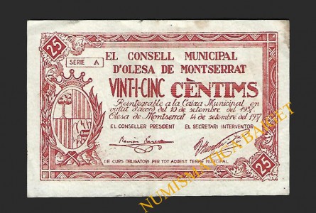 OLESA DE MONTSERRAT (Barcelona), 25 centims, 14 de setembre del 1937 