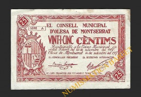 OLESA DE MONTSERRAT (Barcelona), 25 centims, 14 de setembre del 1937 